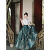 Chinese Style Embroidered Hanfu: Short-Sleeved Top & Gradient Dark Green Horse-Face Skirt Set