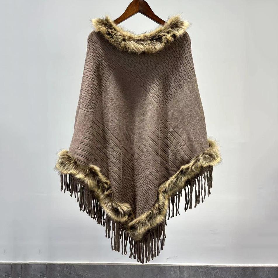 Элегантное вязаное классическое кейп с кисточками и меховым воротником - женское с застежкой спереди, новое теплое модное шаль для свадебной вечеринки и вечернего платья на осень и зиму