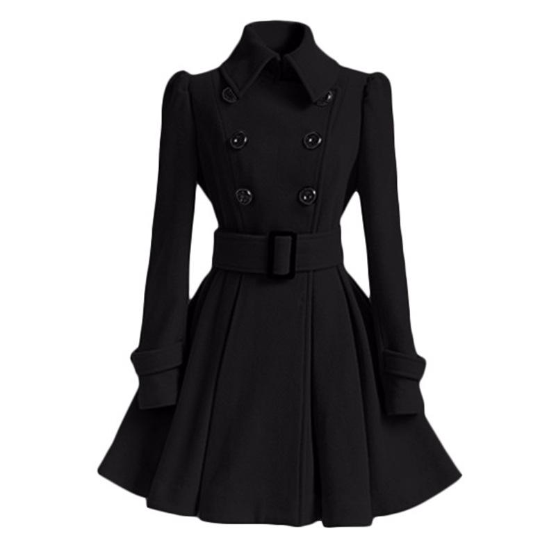 Winter Ladies Casual Long Double-breasted Woolen Coat Solid Color Long Sleeve Jacket for Female
