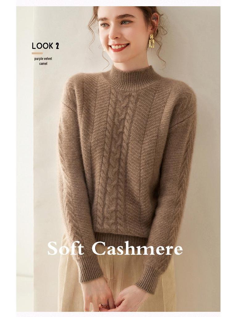Женский кашемировый пуловер с полувысоким воротом и длинными рукавами - Однотонный, Повседневный, Свободный, Утепленный для осени/зимы.