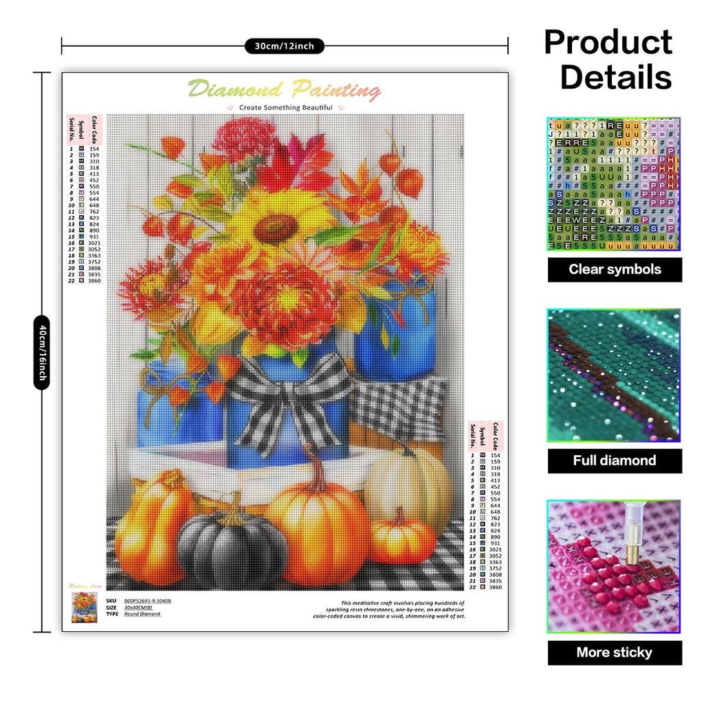 Full Round Diamond Painting Flower And Pumpkin Halloween Handmade 5d Diamond Kits Embroidery Cross Stitch For Adults 30x40cm/12x16inch