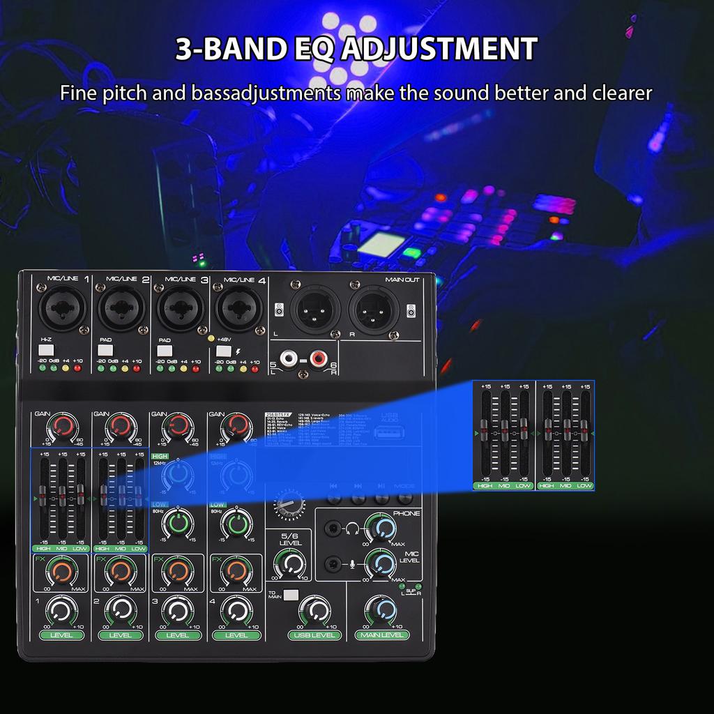Аудиомикшер 6-канальный микшерный пульт с 256 эффектами 48 В фантомное питание для домашней студии звукозаписи