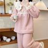 Korean Style Cute Pajamas Set for Woman Winter Warm Soft Sweet Doll Collar Pink Blue Sleepwear Girl Long Sleeve Homewear PJ Suit