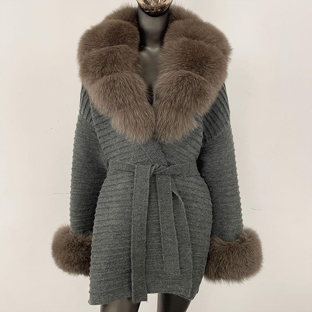 OFTBUY Осеннее женское мягкое длинное теплое вязаное пальто из настоящего большого лисьего меха с поясом и отложным воротником, повседневная куртка-свитер, свободная женская элегантная длинная