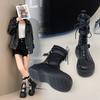 Мотоциклетные ботинки, женские универсальные модные короткие ботинки в английском стиле на шнуровке, с круглой головкой, на толстой подошве, из черного искусственного материала для взрослых Q122