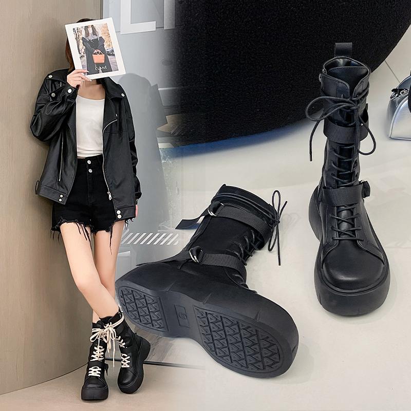 Мотоциклетные ботинки, женские универсальные модные короткие ботинки в английском стиле на шнуровке, с круглой головкой, на толстой подошве, из черного искусственного материала для взрослых Q122