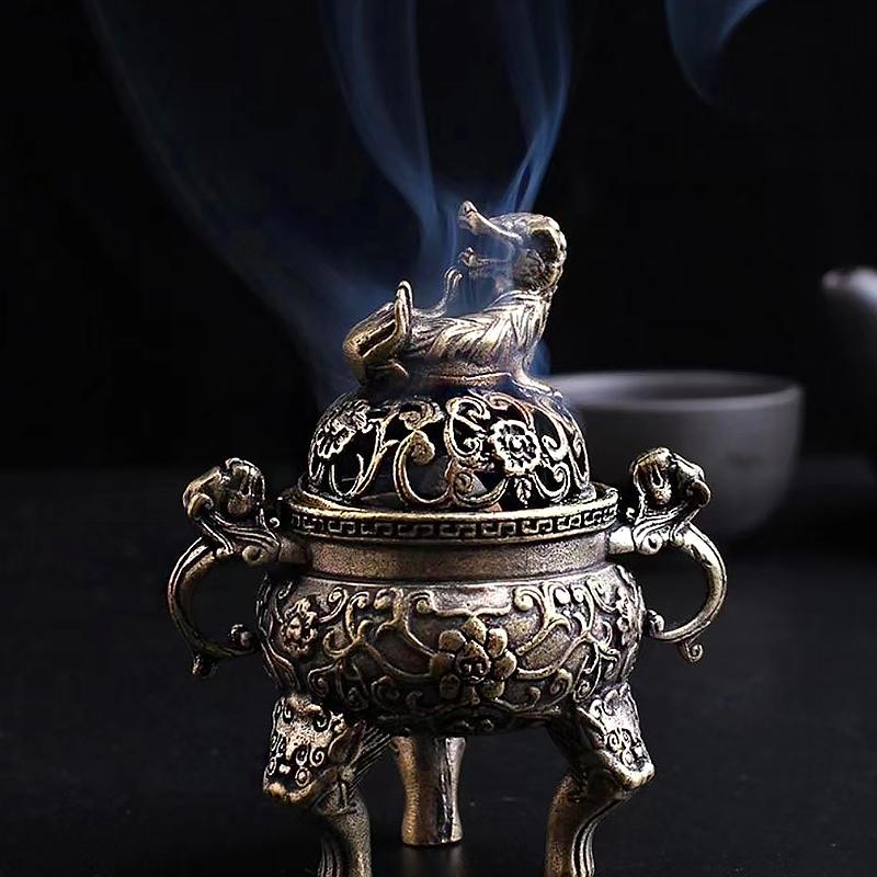 Антикварная курильница для благовоний буддийская мини-курильница для благовоний Кирин ретро медный держатель для благовоний из сандалового дерева украшение для дома и офиса