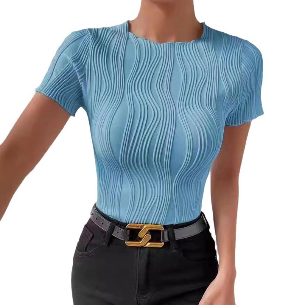 Women's Solid Color Round Neck Slim Short Sleeve T-shirt Top