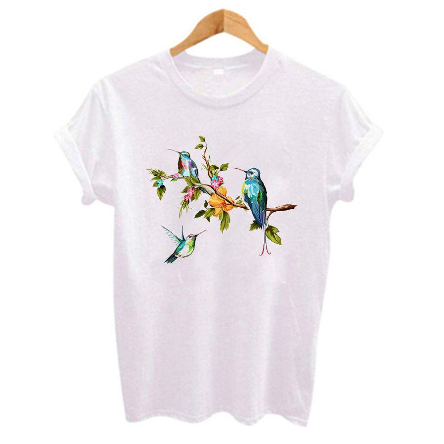 Футболки женские с принтом «Птицы и цветы», летние повседневные футболки с коротким рукавом и круглым вырезом, милые футболки, женская одежда