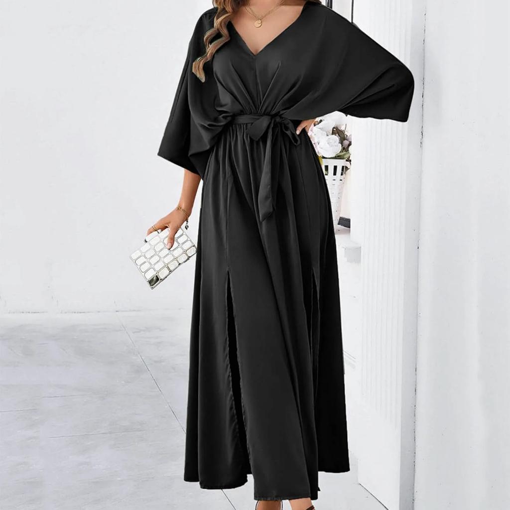 Temperament Slim V Neck Dress Womens Wedding Guest Midi Dresses Solid Formal Long Dresses