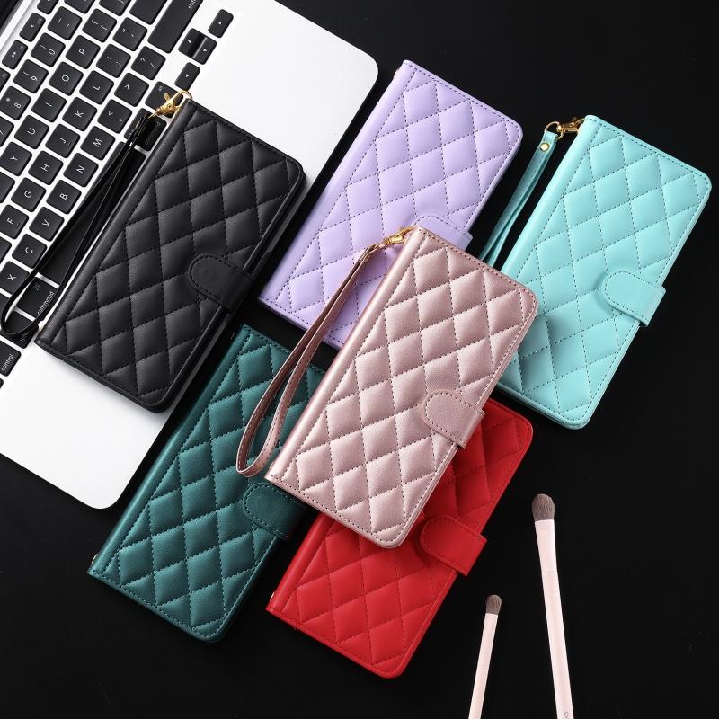 S23 S24 Ultra Checkered Leather Case For Samsung Galaxy S24 S23 S22 S21 S20 FE S10 Note 20 Ultra 10 Plus 9 8 Lanyard Flip Cover