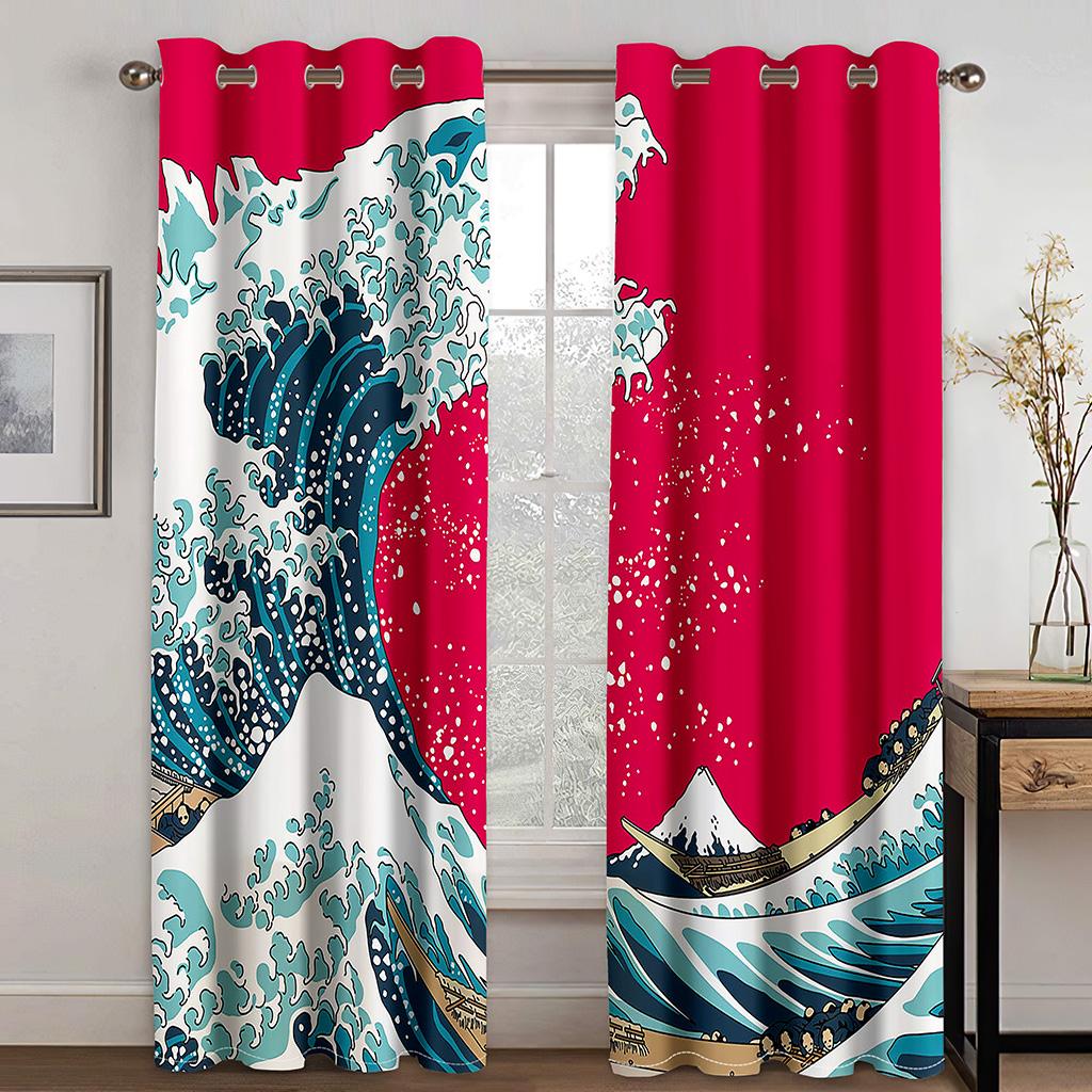 Японский пейзаж Красный восход солнца Журавль Оконные занавески Традиционная живопись тушью Оконные занавески Горный пейзаж Гостиная Шторы