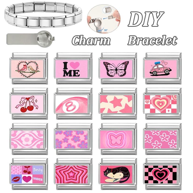 Fashion Pink Printing Cute Dog Cherry Butterfly Ball Italian Charm Links Fit 9mm Stainless Steel Bracelet Girls' DIY Making Gift