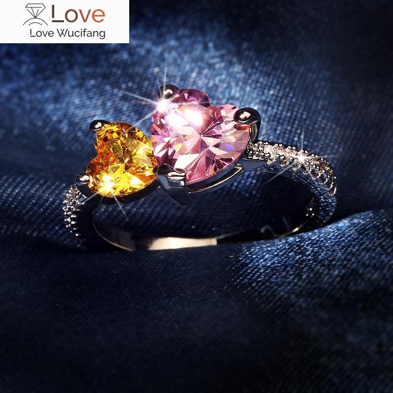 S925 Silver High Quality Pink Peach Heart Simulation Diamond Claw Set Zircon Female Novel Ring Drop Diamond Separation