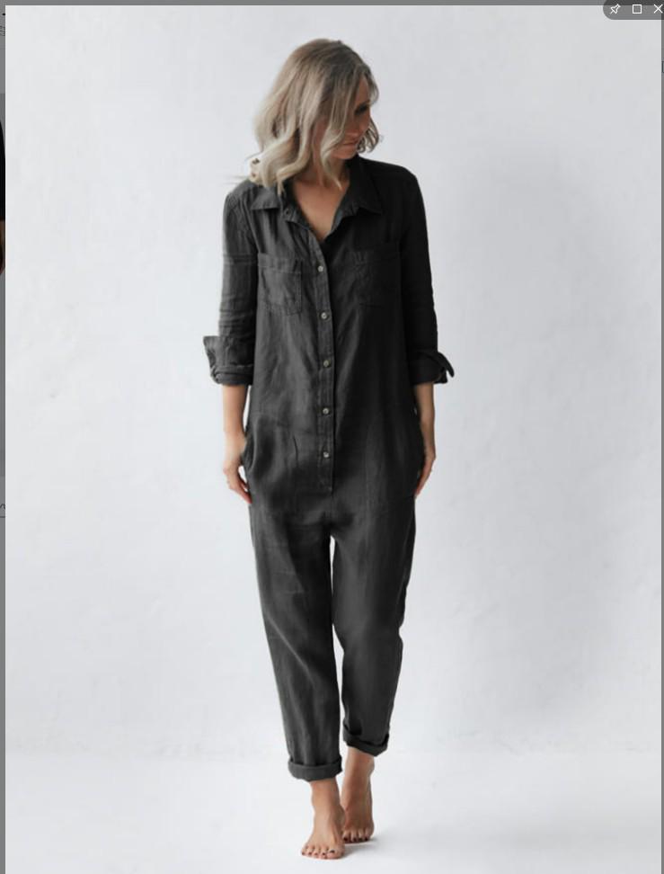 Green Casual Cotton Long Sleeve Jumpsuit with Turn-Down Collar and Pocket