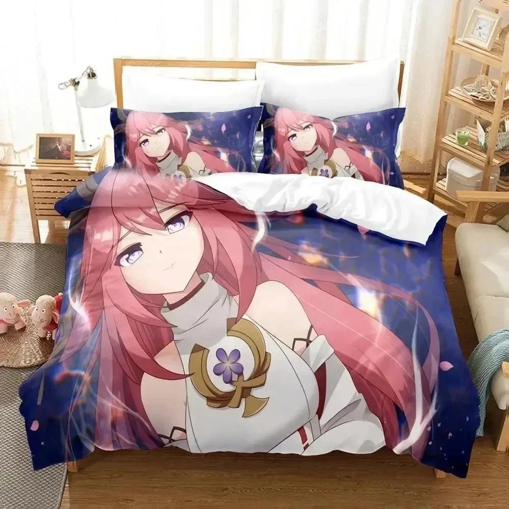Luxury New 3D Print Anime Genshin Impact Yae Miko Game Bedding Set Duvet Cover Bed Set Quilt Cover Pillowcase Queen Boys Adult