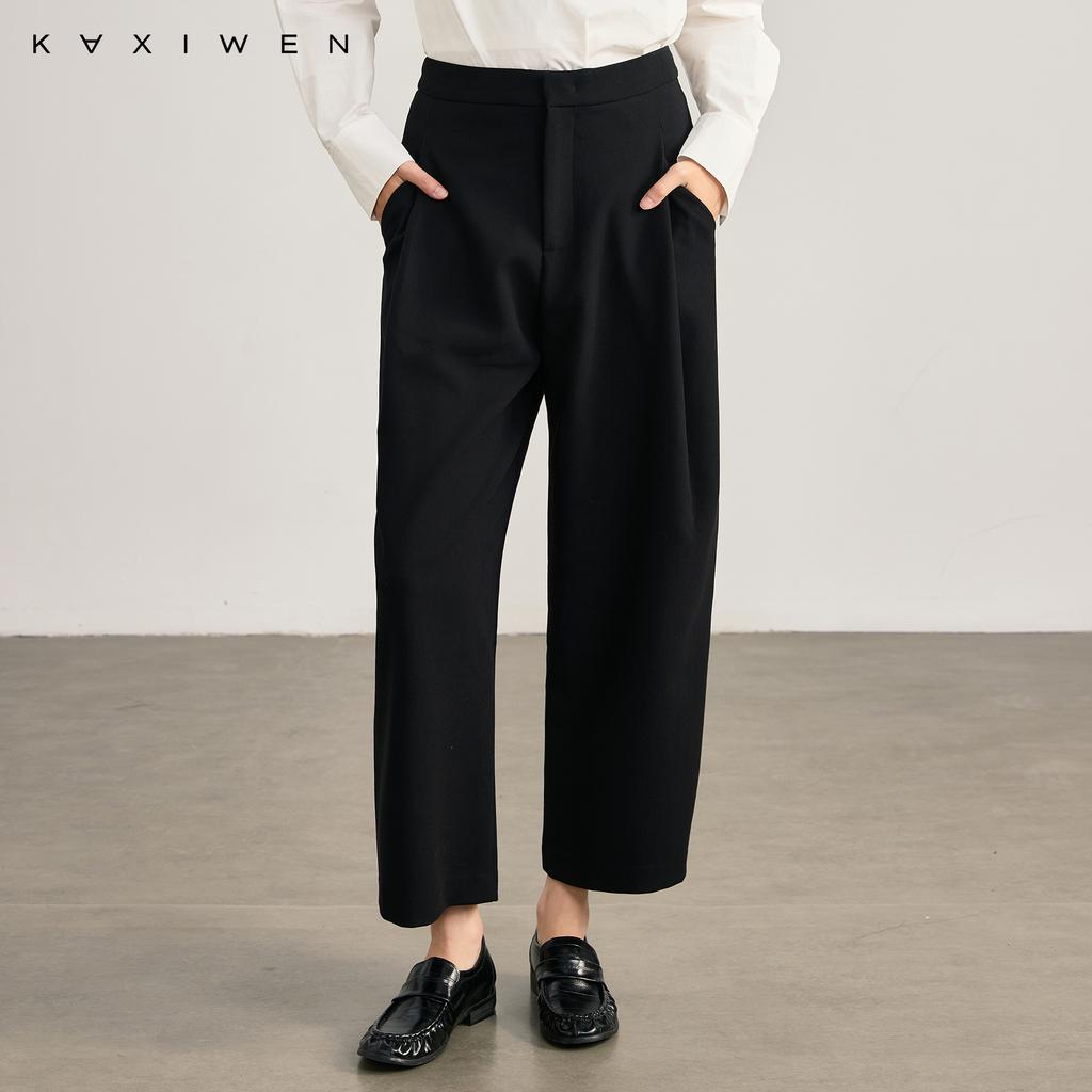 Qianwen minimalist silhouette casual pants for spring 2026, versatile commuting style, slim and high waisted wool tapered pants