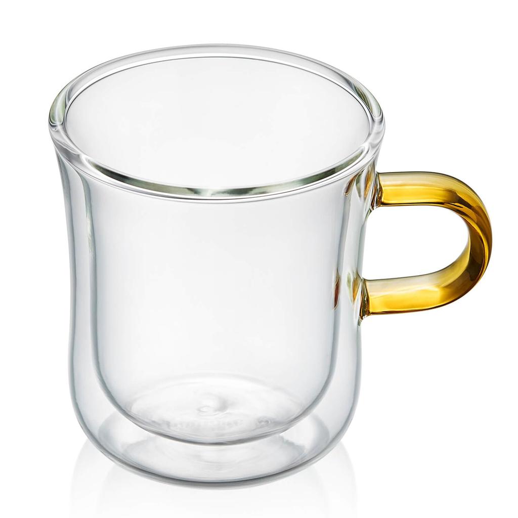 Pokaro Tea Double-Wall Heat-Resistant Glass Mug (1 Cup) with Amber Handle, 270ml Full Capacity, Heat-Resistant Glass, Iced Tea Glass, Double-Walled