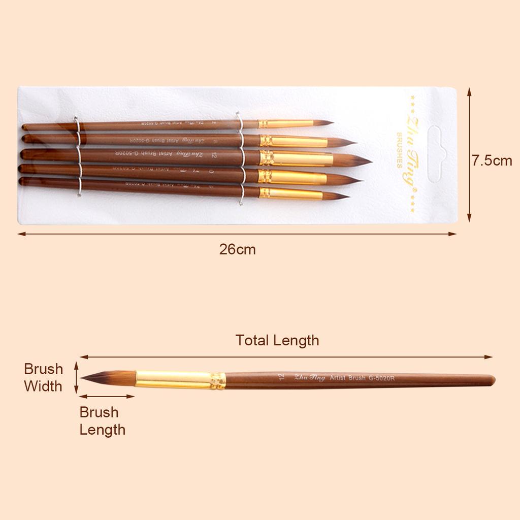 Набор кистей из 5 шт., кисти с круглым заостренным кончиком и нейлоновым ворсом для художественной акриловой акварели