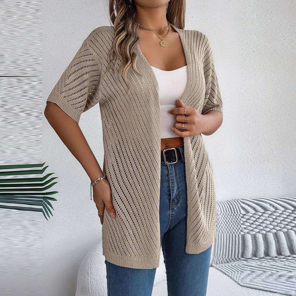 Женская модная повседневная трикотажная рубашка с короткими рукавами и солнцезащитным кремом для отдыха, однотонная куртка-кардиган