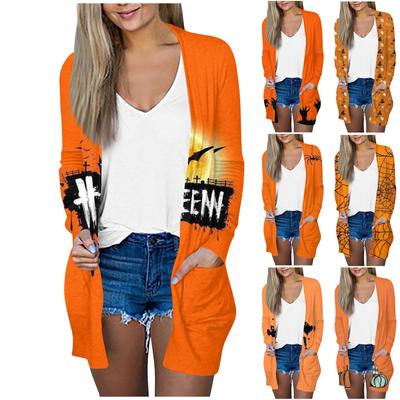 Женская мода, повседневный кардиган с карманом и принтом на Хэллоуин, средней длины