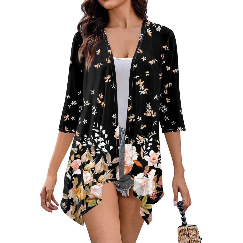 Женский кардиган неправильной формы с принтом, рукавами три четверти и карманной курткой