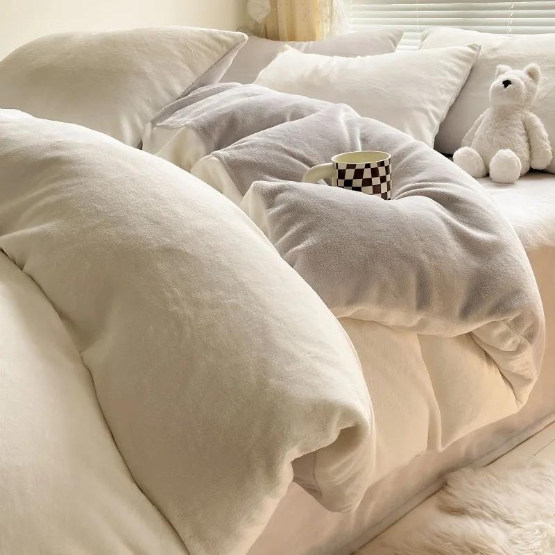 2026 New Solid Color Double Parcel Milk Fleece Quilt Set Four-piece Winter Flange Coral Fleece Quilt Cover Bed Sheet Set