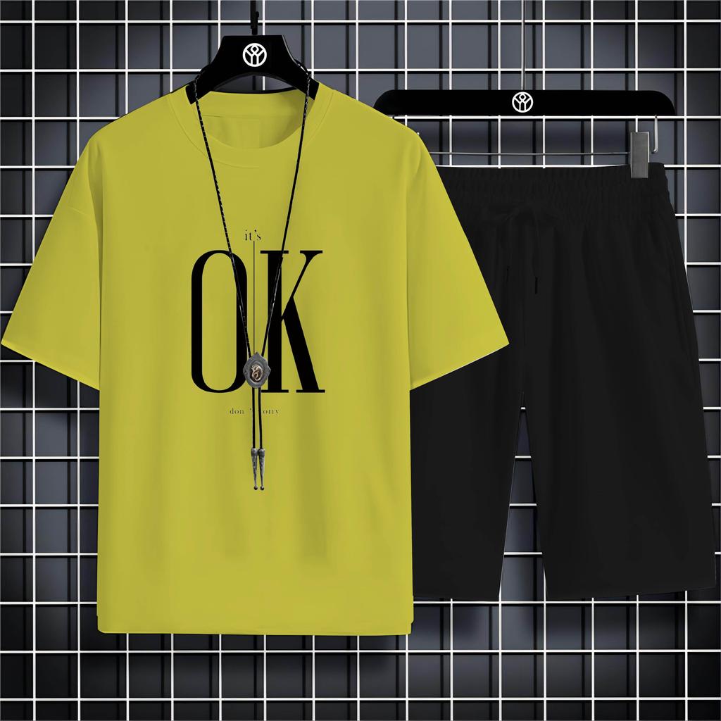 Four Seasons New Outdoor Sports Style 2d Letter Ok Printed Men'S O-Collar Comfortable Breathable Casual T-Shirt Set Quick Drying