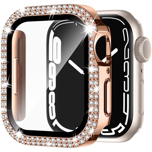 Стекло+Чехол для корпуса Apple Watch 45мм 44мм 41мм 40мм 46мм 42мм Блестящий Алмазный бампер+Защитное стекло для экрана серия 11 10 9 8 7 5 6 4 SE