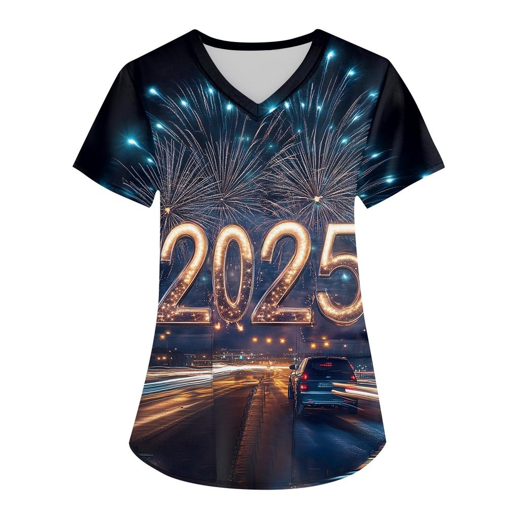 Women's Fashion V-neck Short Sleeve Workwear With Pockets  Printed Tops