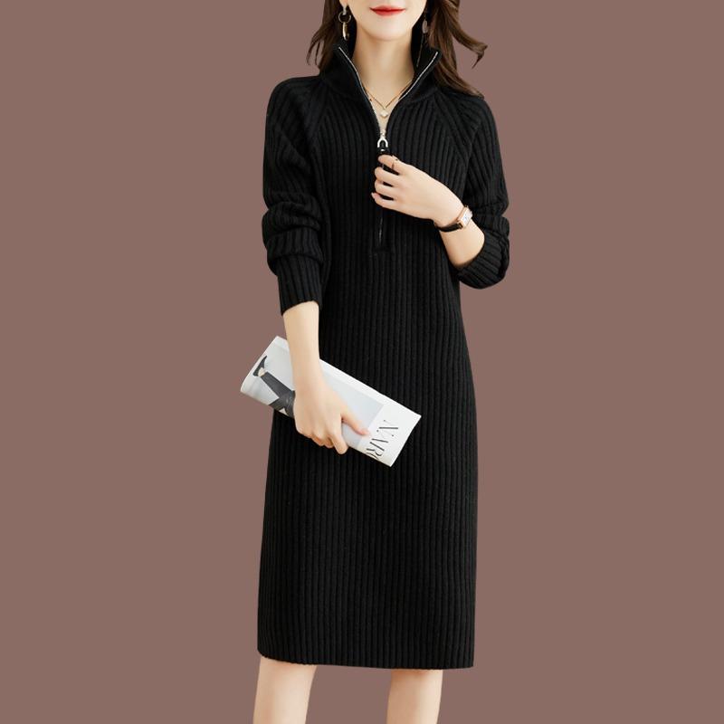 High Neck Thick Zipper Medium and Long Inner Sweater Skirt Autumn and Winter New Knitted Bottoming Dress Women