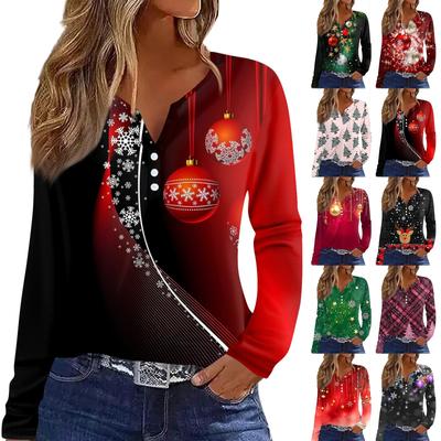 Женская футболка с рождественским принтом на пуговицах с длинным рукавом, повседневная, выходного дня, модная, базовая, с V-образным вырезом, обычная