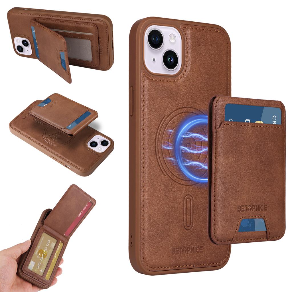 For iPhone 14 Plus Magnetic Case BETOPNICE RFID Blocking Leather Phone Back Cover with Detachable Card Bag