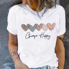 Heart & Happy Slogan Print T-shirt Cute Short Sleeve Crew Neck Casual Top Women's Clothing Valentine's Day for Summer & Spring