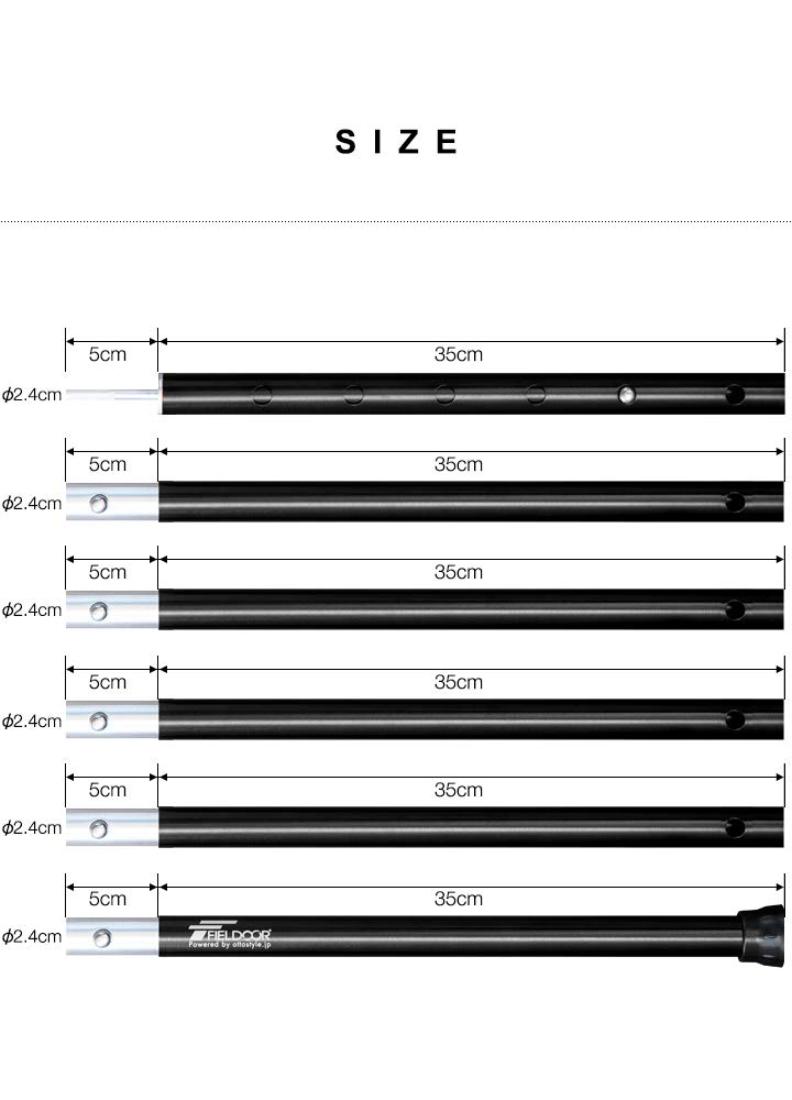 Алюминиевый шест для палатки FIELDOOR, диаметр 24 мм [черный], набор из 2 шт. и сумка для хранения, 6 шт., регулируемый, 70–230 см, нажимной штифт, 4 уровня, телескопический, раздельный тип