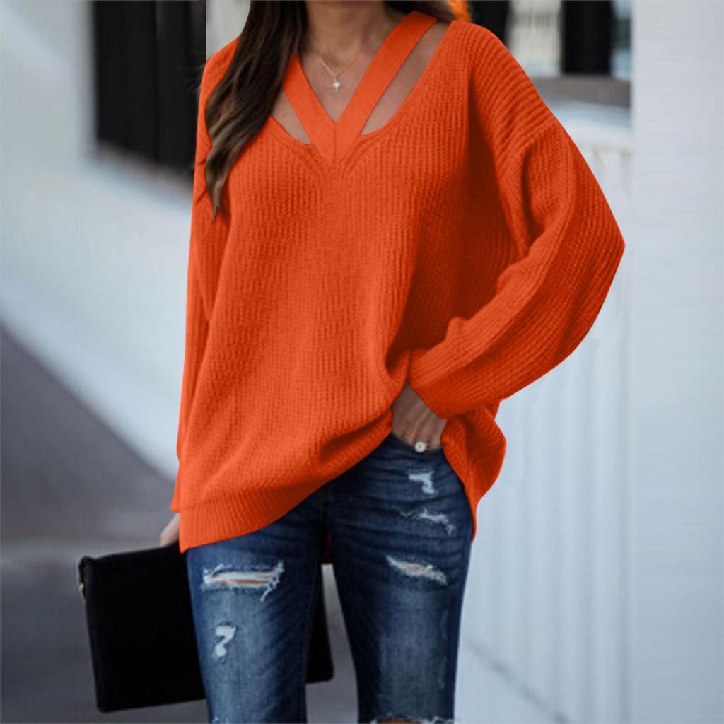 Женский модный свободный свитер с V-образным вырезом и длинным рукавом, однотонный повседневный свитер