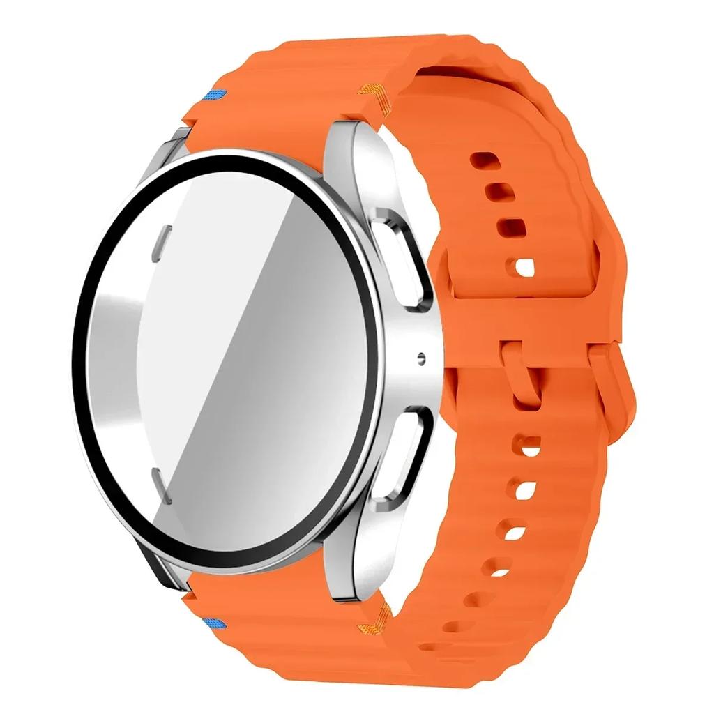 Чехол+Ремешок для Samsung Galaxy Watch 7 6 5 4 40мм 44мм Силиконовый Браслет Защитная Пленка для Экрана из Закаленного Стекла Бампер