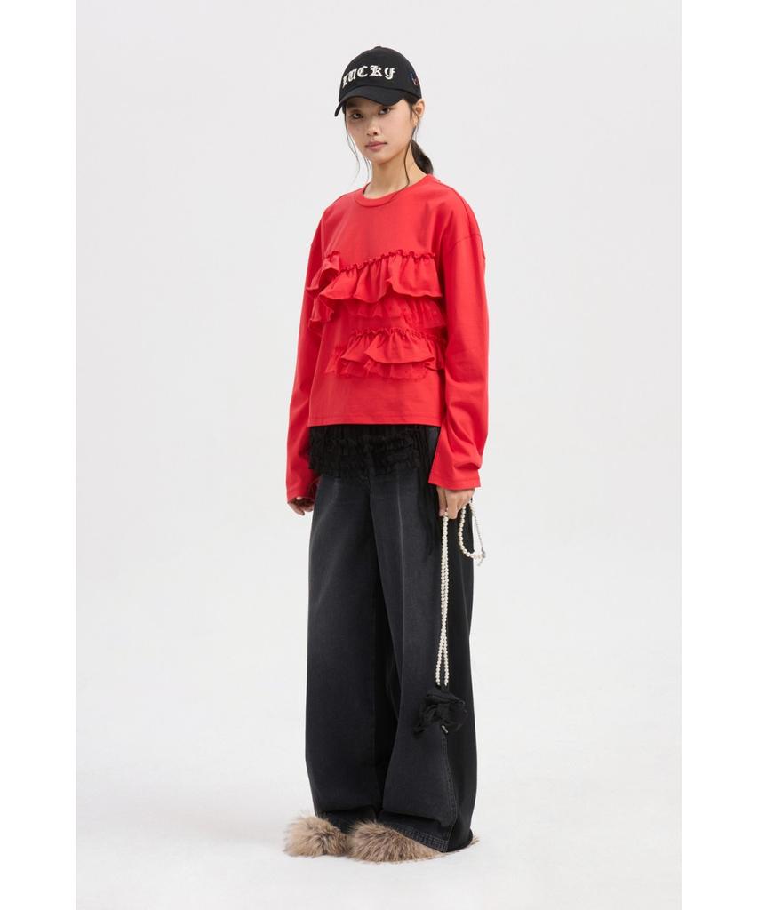 LUCKY CHOUETTE Frill Point Standard Fit Long Sleeve T-Shirt (Red) Lftaw25420Rex