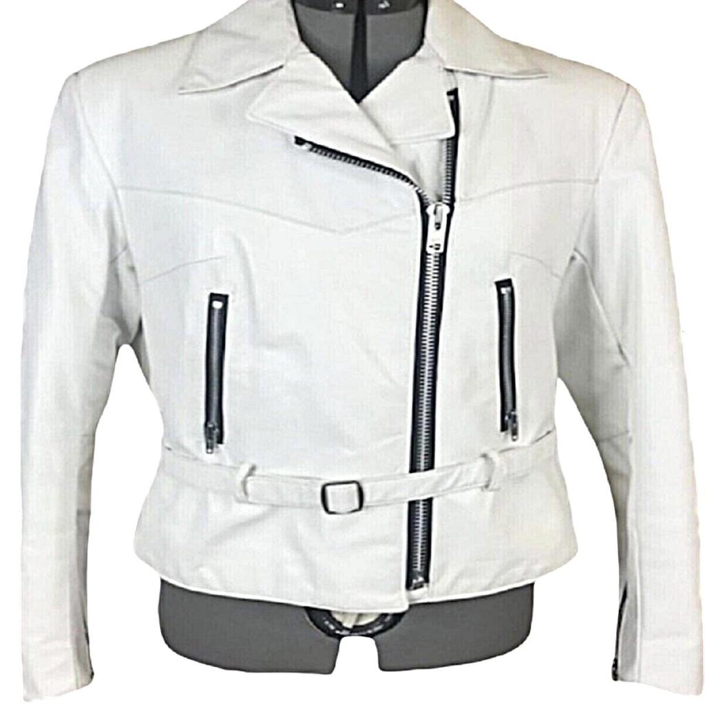 NOORA Женская белая кожаная куртка в байкерском стиле из натуральной овчины с молнией и карманом | Повседневная куртка для вечеринок