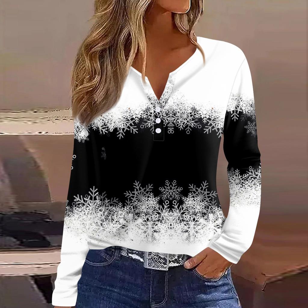 Женская футболка с рождественским принтом на пуговицах с длинным рукавом, повседневная, выходного дня, модная, базовая, с V-образным вырезом, обычная