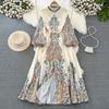 Retro Lantern Long Sleeve Stand Collar Elegance Print Dress