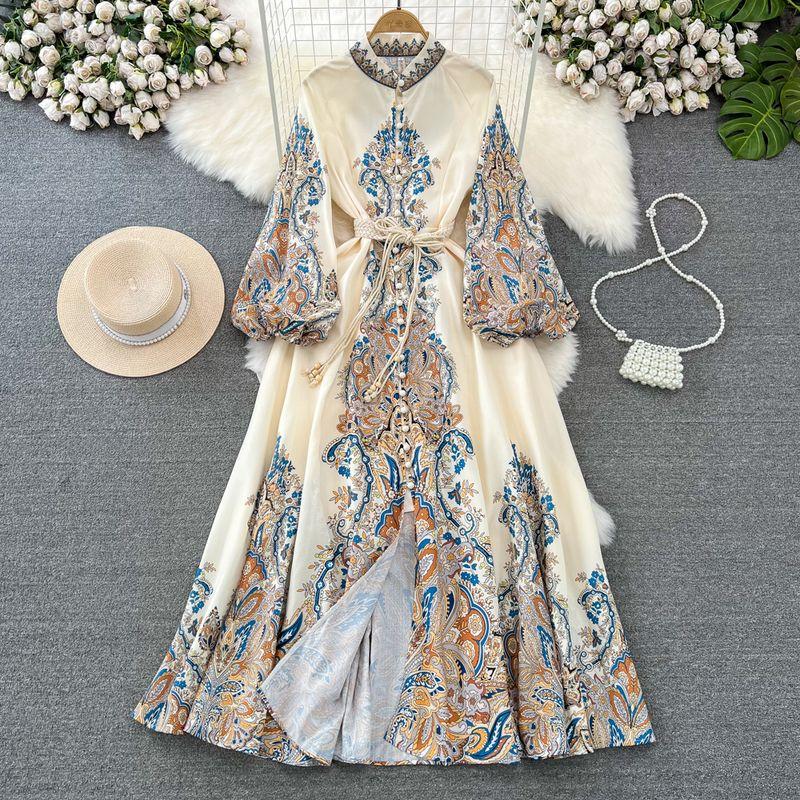 Retro Lantern Long Sleeve Stand Collar Elegance Print Dress