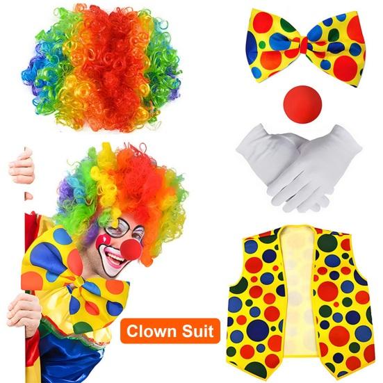Halloween Clown Cosplay Costume Kit Wig Red Nose Gloves Vest Tie Shoe Men Women Adults Party Stage Performance Clown Dress-up Prop Clothes Accessories