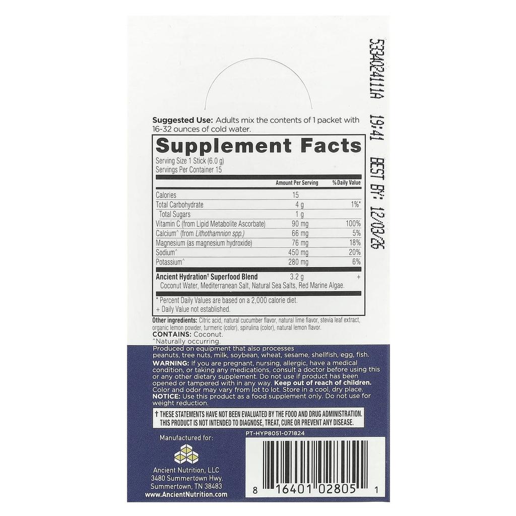 Quick Hydration, Lemon Lime, Portable Stick Pack of 15, 6G (0.2Oz) Each