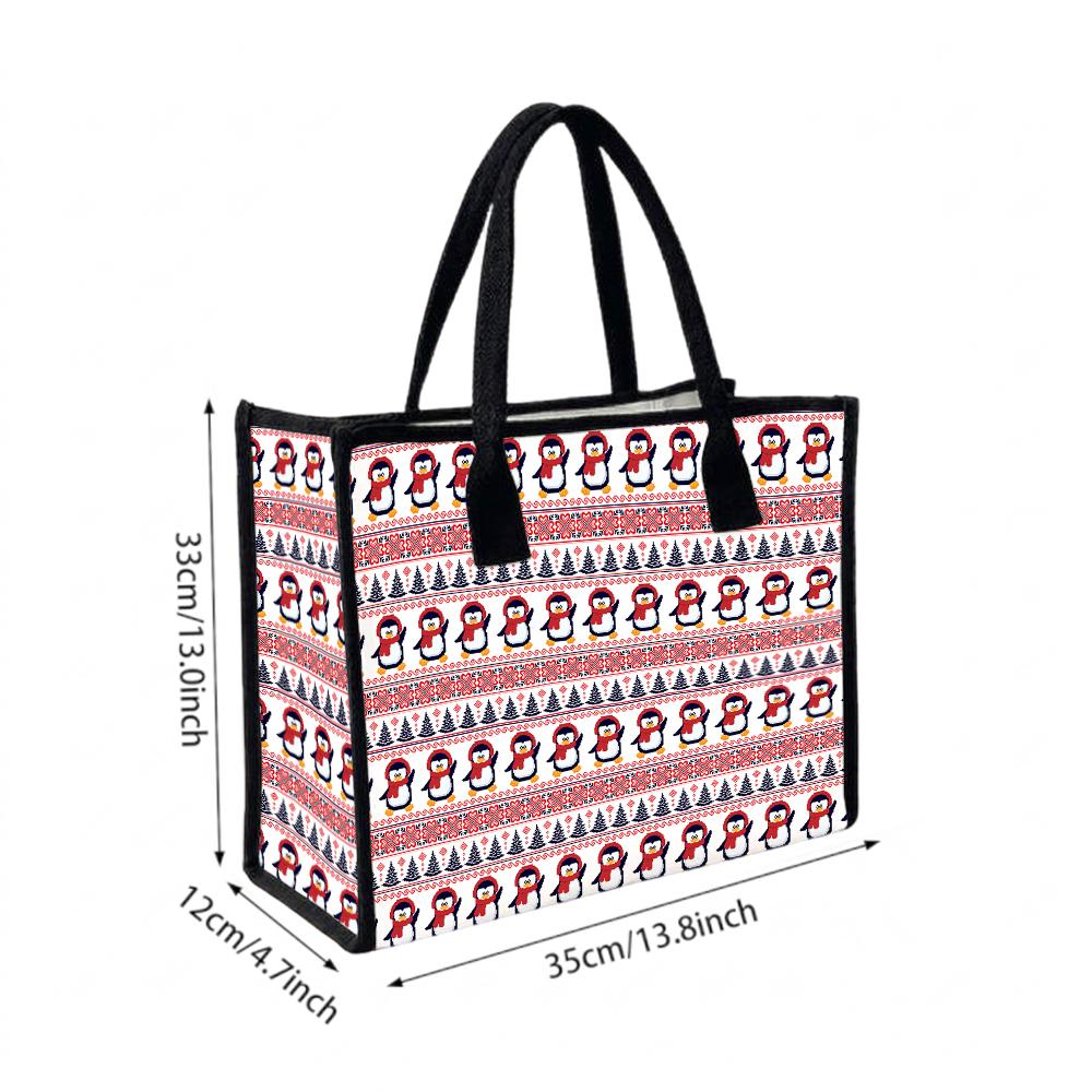 Cute Penguin Pattern Tote Bag Festive Winter Daily Use Casual Portable Lightweight Shoulder Handbag for Shopping