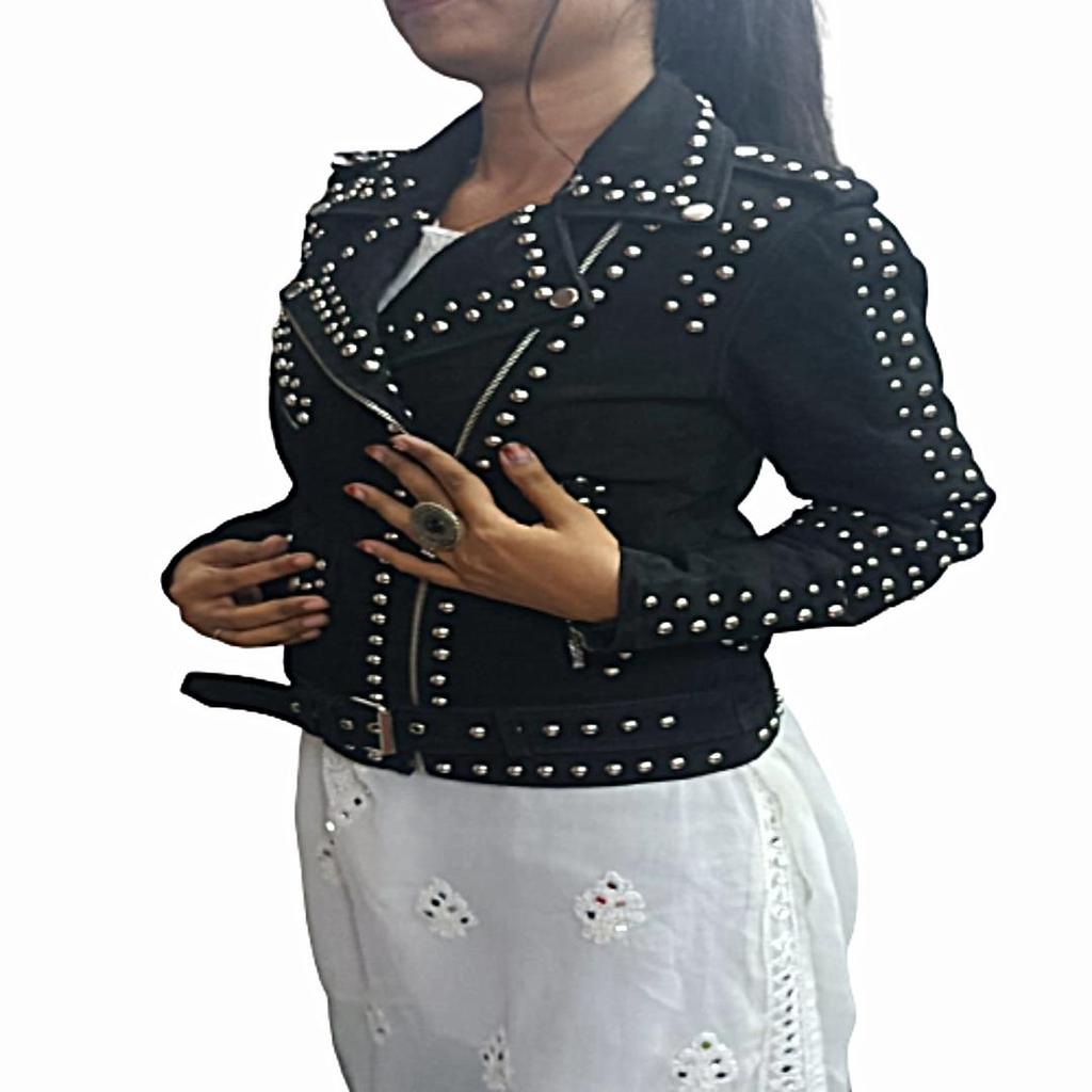 Women's BLACK Suede Leather Jacket,Silver Studded Fashion,Leather Jacket,BIKER Style Suede Jacket,For Girls,Party Wear Jacket,Special Gift For Her