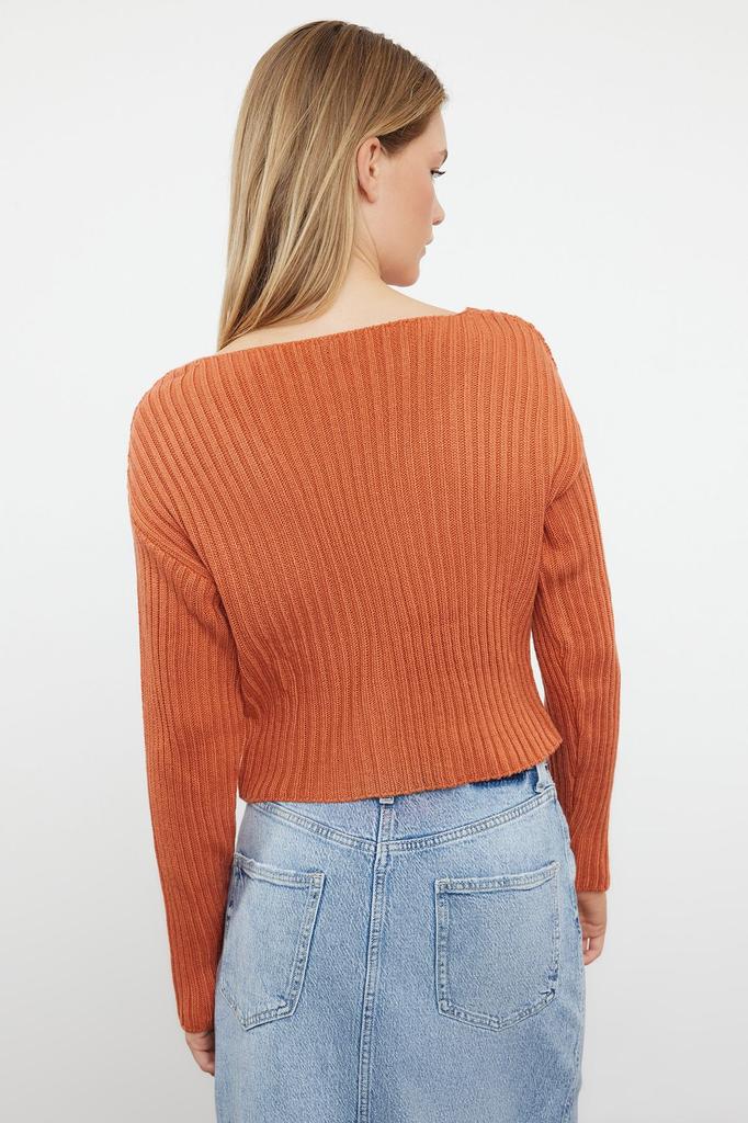 Женский элегантный свитер, оранжевый укороченный базовый трикотажный свитер с V-образным вырезом