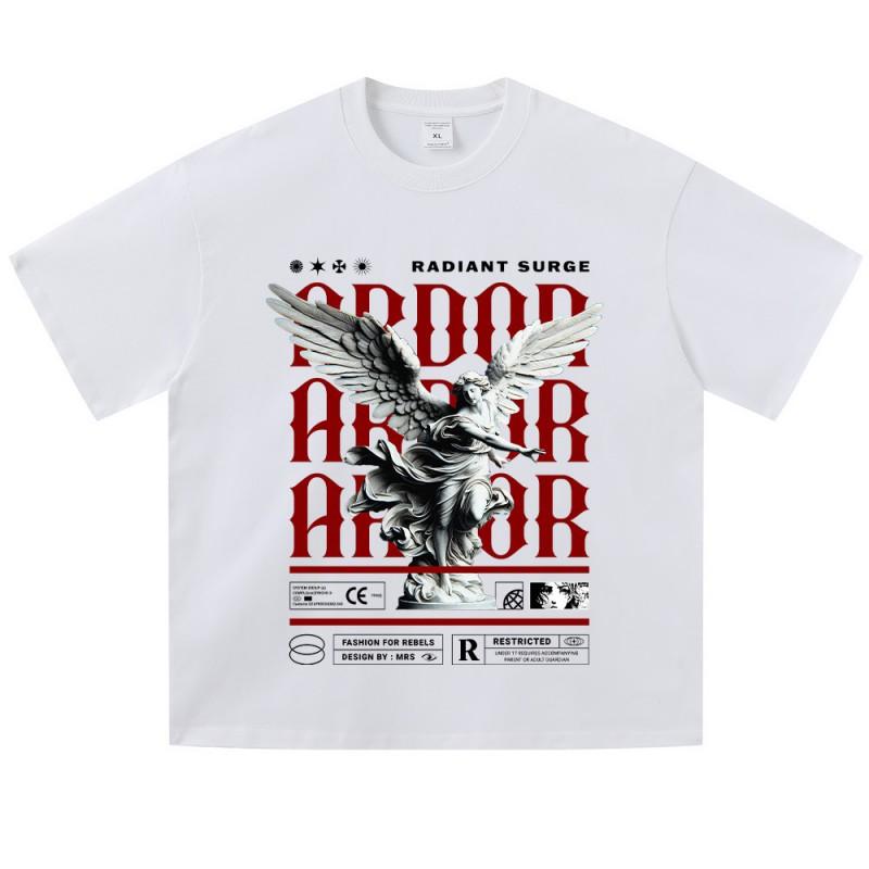 Vintage Washed Angel Statue Graphic Tee Mens Oversized Loose Fit Cotton T-Shirt Streetwear