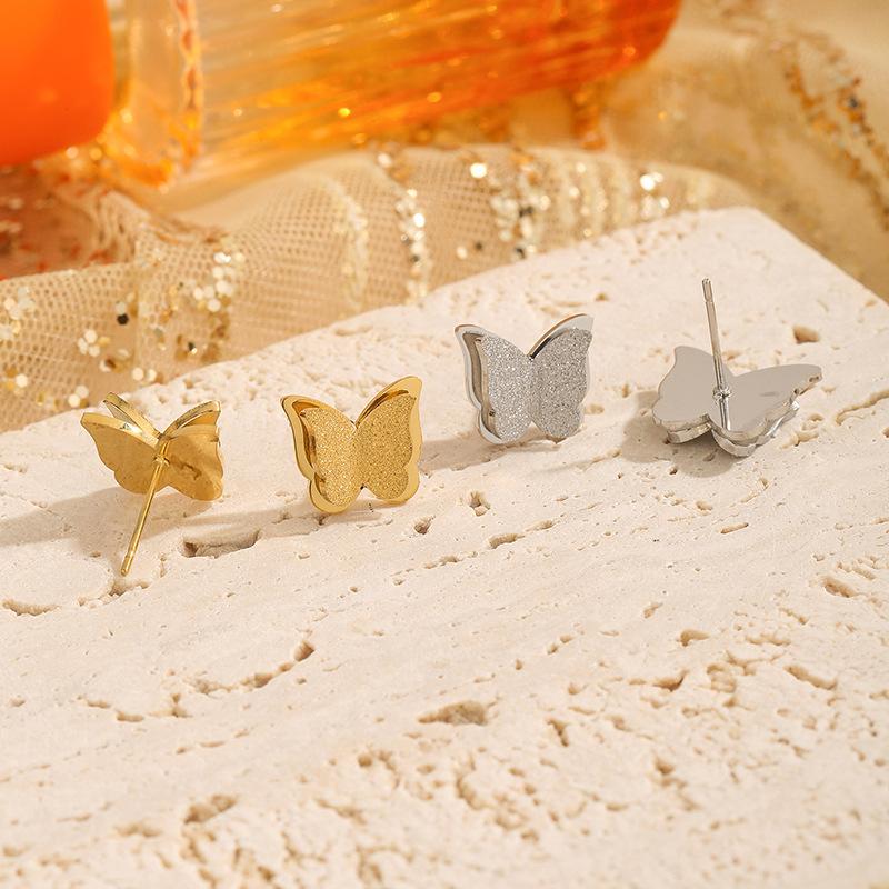 Frosted Golden Butterfly Earrings Romantic Design Butterflies Stud Earring Stainless Steel Delicate Simple Jewelry for Woman