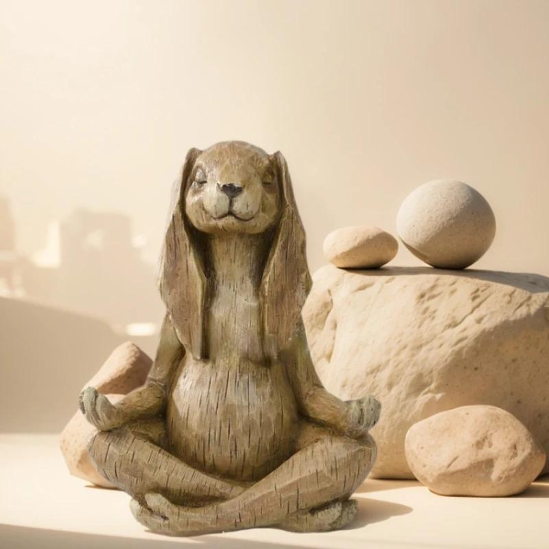 Yoga Gesture Rabbit Statue Meditating Zen Animal Sculpture Buddhism Bonsai Fountain Bunny Ornaments Parlor Garden Decoration